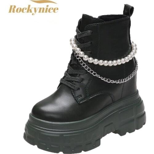 Autumn 2021 Thick Heel Ankle Boots Women Pearl Chunky Sneakers High Heels Winter Platform Leather Shoes Woman Wedges Chain Boots