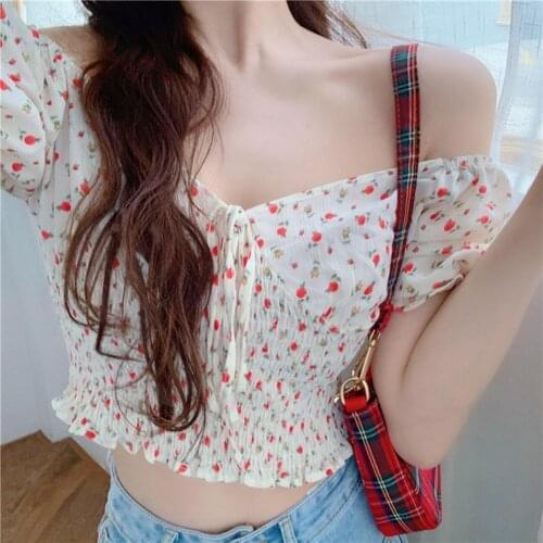 Women Summer Stylish Wrinkled Puff Sleeve Floral V Neck Waist Tight Crop Top Sexy pleated design short navel floral top women