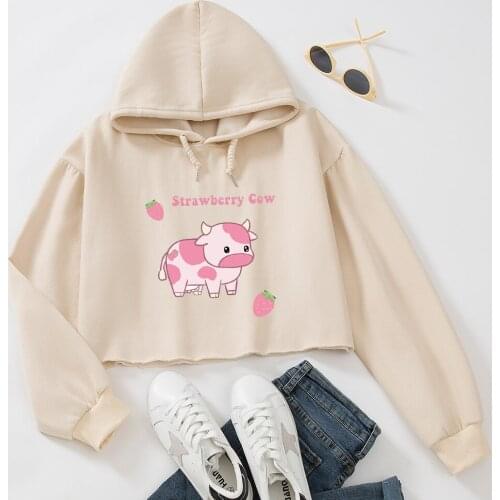 Women Pastel Pink Crop Tops Harajuku Cow Print Top Cotton Plus Size Sweatshirts Long Sleeves Hoody Gothic Clothes for Teen Girls