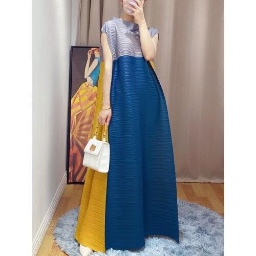 Miyake Pleated color matching long dress 2021 spring summer High style loose large size stand-up collar dress