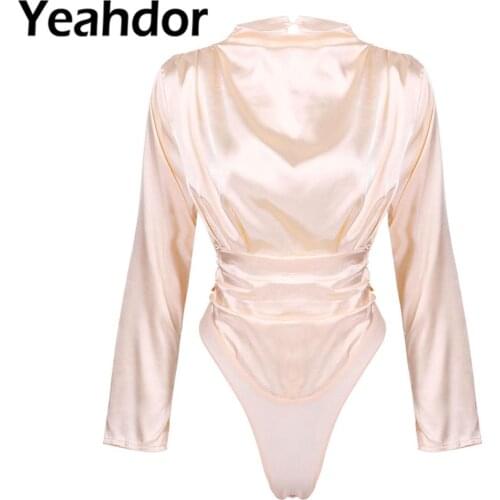 2020 Womens Silky Satin High Neck Long Sleeves Bodysuit Jumpsuit Leotard Casual Blouses Tops Female Elegant One-piece Bodysuits
