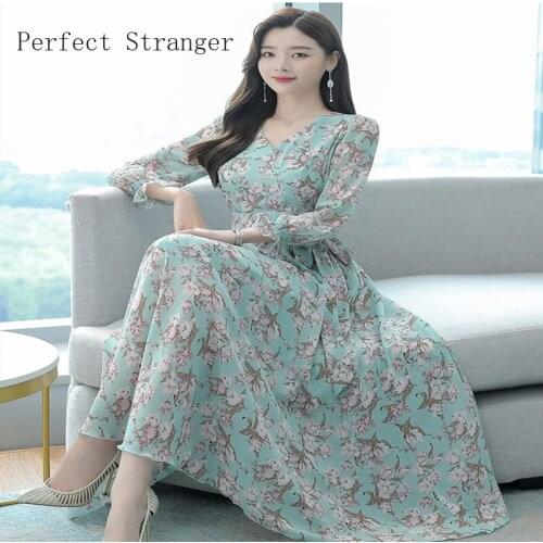2021 Autumn Winter New Arrival Korean Hot Sale V Collar Long Sleeve Flower Print Chiffon Women Long Dress