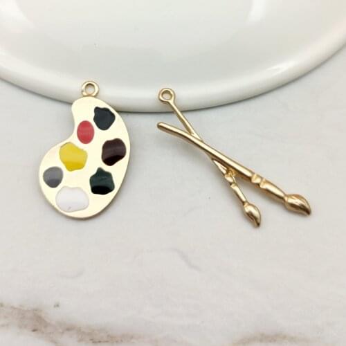 10 BULK Enamel Paintbrush and Paint Palette Charms Art Charm Pendant in Gold Tone for DIY Jewelry Making Artist Charms YU37DGC