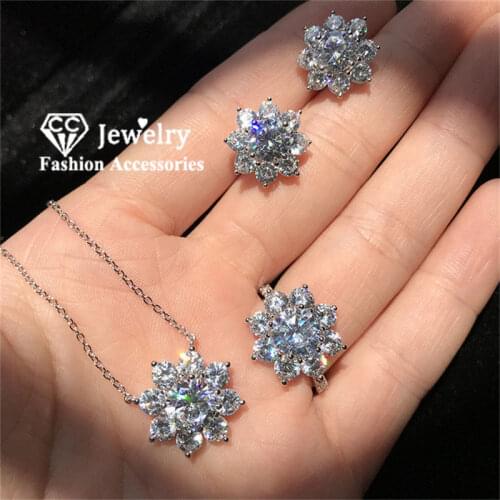 CC S925 Silver Jewelry Sets For Women Cubic Zirconia Snowflake Necklace Pendant Ring Stud Earrings 3PCS Drop Shipping CCAS222