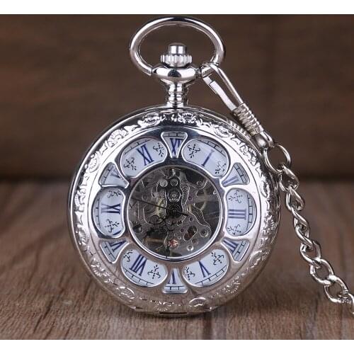 5pcs Double Open Hunter Classic Hand Wind Mechanical Roman Pocket Watch Skeleton Steampunk pendant Chain Gifts For Women Men