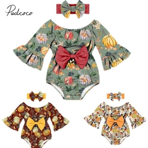 Infant Newborn Baby Halloween Bowknot Romper Headband Pumpkin Floral Boat Neck Long Flared Sleeve Jumpsuit and Headwear for Kids