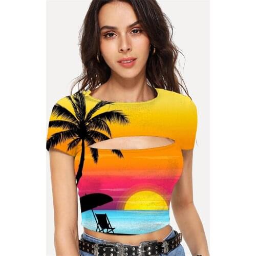Somepet Hawaii T shirt Women Coconut Tree Tshirt Printed Moon Tshirts Casual Landscape Navel Bare Short Sleeve Sexy Short Style