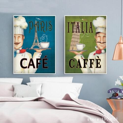 Cotton no frame italy paris cafe cartoon chef canvas printings oil painting printed on cotton home wall art decoration picture