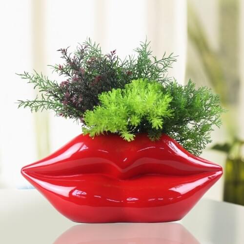 Customized Lip Flower Vase Red Mouth Shaped Plant Pot Modern Resin Lips Vase Not Include Artificial Flower/green Plant