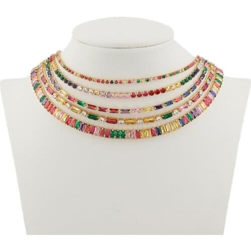 Hot Selling Tennis Chain Rainbow Necklaces Gold filled Fashion Colorful Rainbow CZ Chocker Necklace For Women Femme Jewelry New