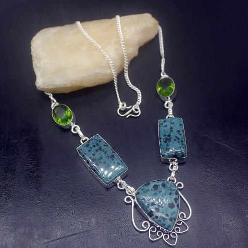 Rare Unique Jewelry DalmatianJasper Peridot Silver Color Women Pendant Necklace Chain 18.5 Inch HD331