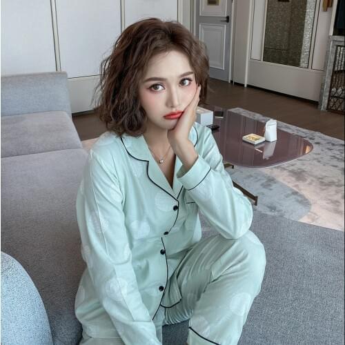 Autumn Simple Polka Dot Ladies Pajamas, Woven Lapel Buckle, Comfortable Cotton Jacquard Long-sleeved Home Wear Two-piece Suit