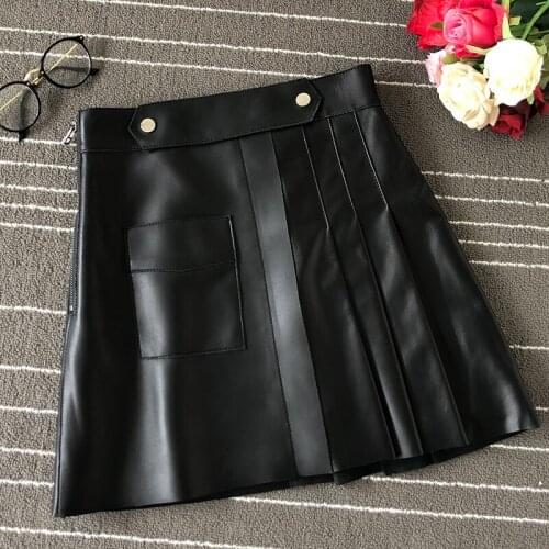 New brand design high quality womens 2021 Fall/winter high-waist real leather pleated skirts A861