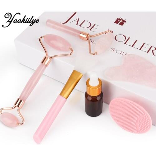 Rose Quartz Jade Roller Gua Sha Scraper Set Facial Massage Roller Face Slimming Wrinkle Removal Skin Care Tools with Gift Box
