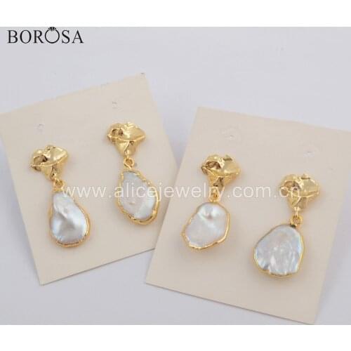 BOROSA 5/10Pairs Pure Handmade Gold Color Natural Freshwater Pearl Drop Earrings Freeform Pearl Charm Earrings Jewelry G1780