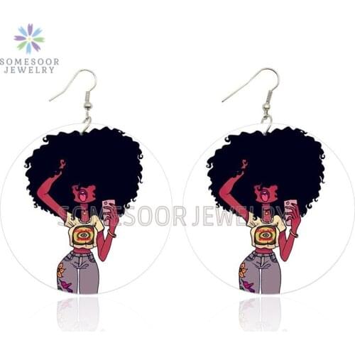 SOMESOOR Afro Curly Beauty Wooden Drop Earrings African Natural Hair Design Printing Pendant Dangle Loops Jewelry For Women Gift