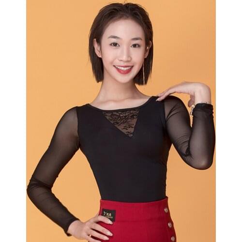 Latin Dance Tops Lady Black Long Sleeve Mesh Shirts Adult Standard Ballroom Dance Clothes Rumba Tango Samba Dance Costumes VO350