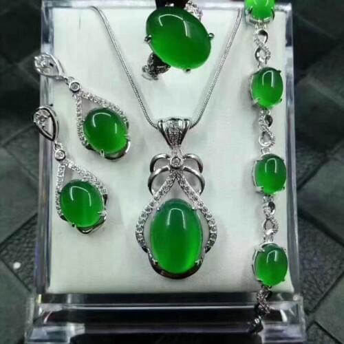 Fine Jewelry Natural 925 Silver Jade Medullary Ring Pendant Earrings Bracelet Sets Women Party