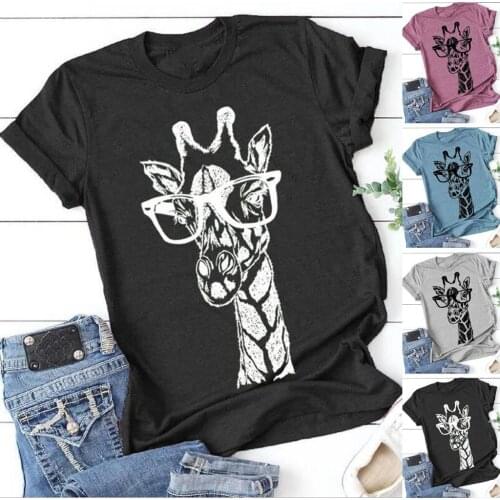 Women T Shirt Harajuku Tshirt Plus Size Short Sleeve Glasses Giraffe Printed Graphic O-Neck T-Shirt Tops 2021 bluzki ropa mujer