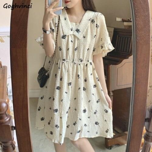 Women Short Sleeve Dresses Printed A-line High Waist Loose Square Collar Students Preppy Sweet Lovely Korean Style Ulzzang Retro