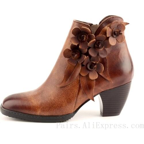 Handmade Cow Learher Women Ankel Boots Luxury Vintage Western Shoes 6cm High Strange Comma Heels Flower Leaf Decoration Footwear