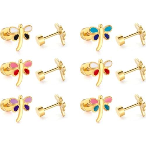 LUXUKISSKIDS12pairs/Lot Cute 6mm Insect Jewelry Stainless Steel Stud Earrings For Women Gold Screw Back Stud Earing brincos