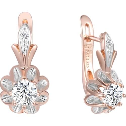 FJ Women Ladies Flowers Cubic Zircon Dangle Earrings 585 Rose Gold Color Flowers Earrings