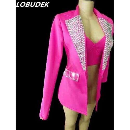 Women Singer Dancer Stage Performance Rose Purple Rhinestones 3 Pieces Set Crystals Coat Bra Shorts Dance Outfit Nightclub Wears