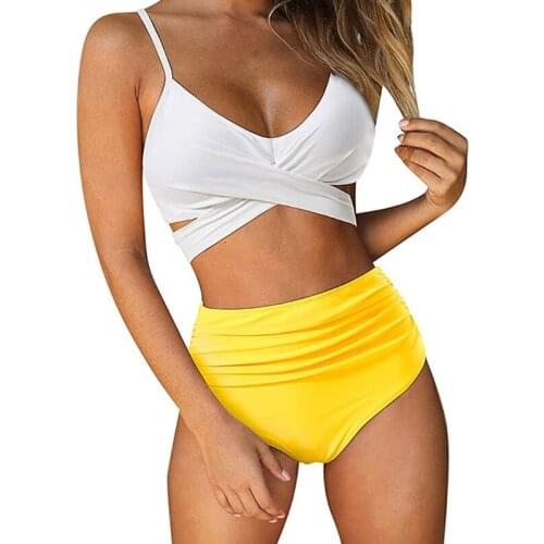 Womens Sexy 2pcs Bikini Set Ruched Cross Wrap Tie Back Swimsuit High Waist Tummy Control Gradient Colorful Bathing Suit