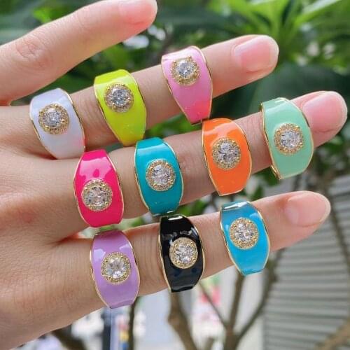 10Pcs New Cute Lovely Bright Colorful Summer Ring Shiny Zircon Drop Oil Enamel Cz Adjustable Ring For Female Party Gift