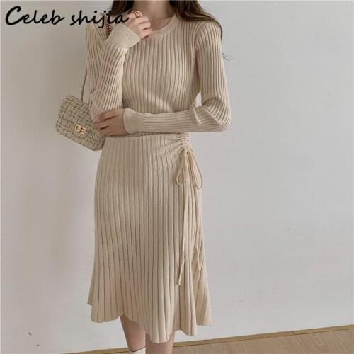 New Autumn Drawstring Knitted Dress Woman O-neck Elegant Long Sweater Dress Vestido Korean Fashion Winter Knitting Clothing