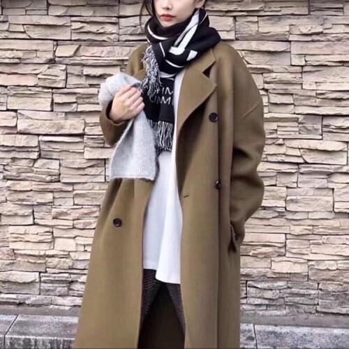 Winter 2020 Korean Women Loose Plus Size Solid Color Long Button Black Double Face 100% Wool Coat Woolen Jacket Overcoat