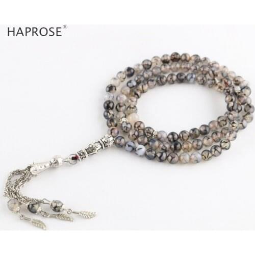 100% Natural Black line agate green tasbin Prayer Islamic Muslim tasbih Allah Rosary Pattern agate 99 beads 6-10mm necklace