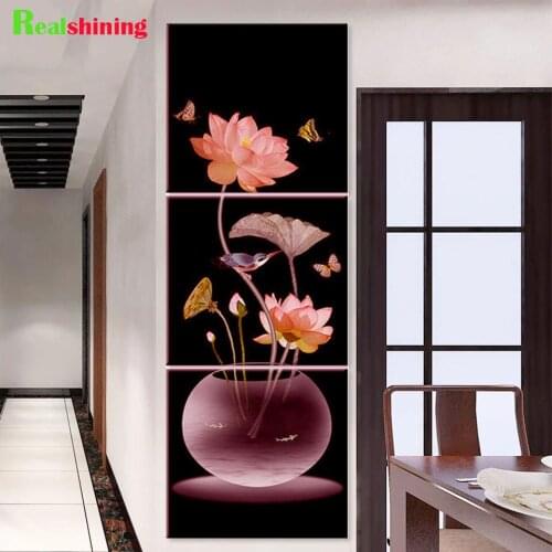 3 Piece Vase Lotus Flower Bird Butterfly Diamond Painting for Living Room Triptych Full Square Round Diamond Embroidery N1914