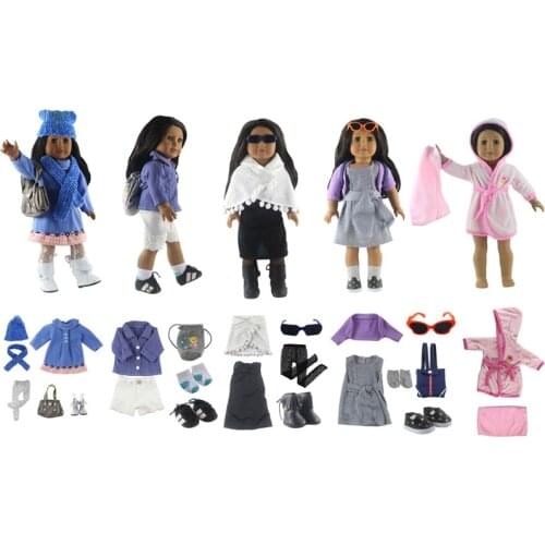5 set Leisure handmade dress clothes Princess Dress outfit for 18"American Doll+Shoes+Socks+Bag+spectacles Doll accessories