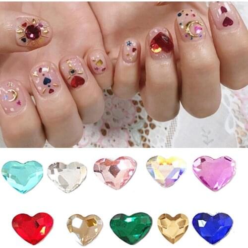 7mm/9 Colors Heart Flat-back Rhinestones 50Pcs 7-Nails Art Decorations Crystal Glass Stone Valentines Day 3D Shiny Strass Gem