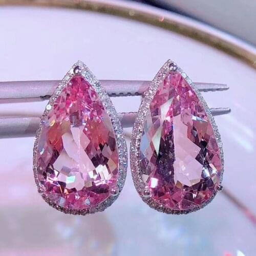 925 Luxury High-end Water Drop-shaped Simulation Pink Tourmaline Color Treasure Adjustable Ring Earrings For Women Jewelry Set