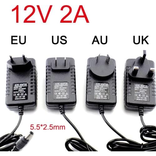 AC DC 12V 2A 2000ma Power Supply EU UK US AU Plug for 5050 2835 LED Strip Light Adapter Wall Charger Lighting Connector 5.5*2.5