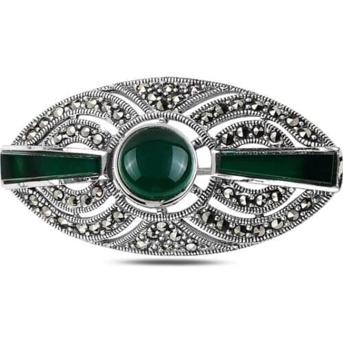 Silver 925 Sterling Natural Stone & Marcasite Gemstone Brooch