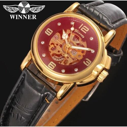 Winner Mens Watch Automatic Lady Watch Fashion Design Leather Strap Fashion Stylish Wristwatch Color Gold WRL8011M3G1