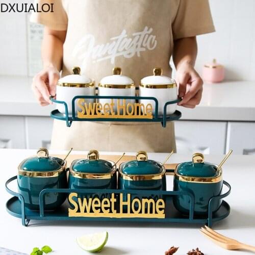 DXUIALOI Light Luxury Kitchen Ceramic Seasoning Jar Set Household Seasoning Bottle Salt Sugar Bowl Kitchen Seasoning Box