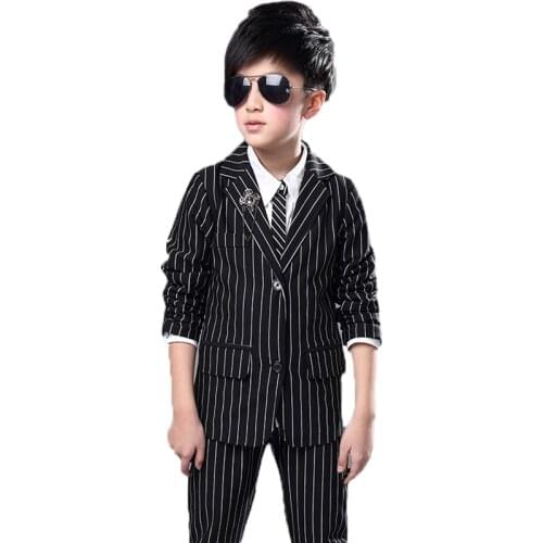 Boys Formal Striped Tuxedo Suit Brand Flower Boys Wedding Blazer Pants 2Pcs Suits Kids Costumes for Boys prom Groom Suits N45