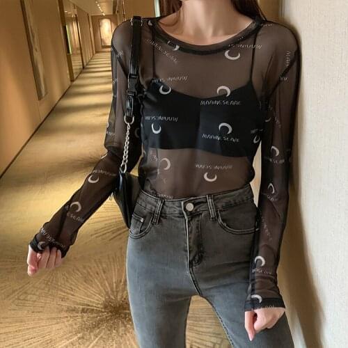 Summer T-shirt sunscreen clothing womens long-sleeved shirt letter printing thin section all-match casual slim-fit mesh T-shirt