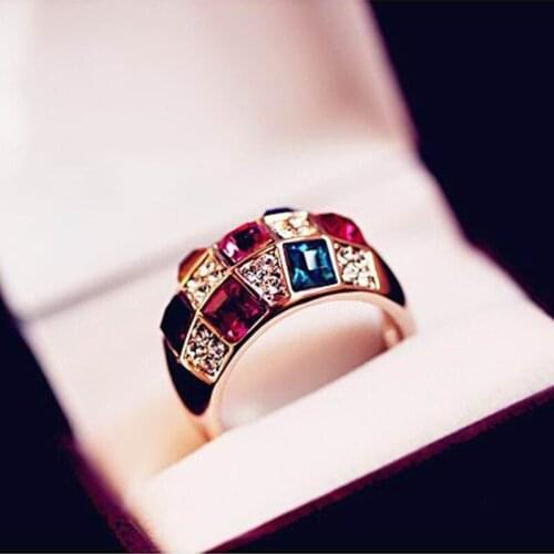 Fancy Colorful Shiny Crystal Luxury Wide Golden Rings for Women Fashion Jewelry
