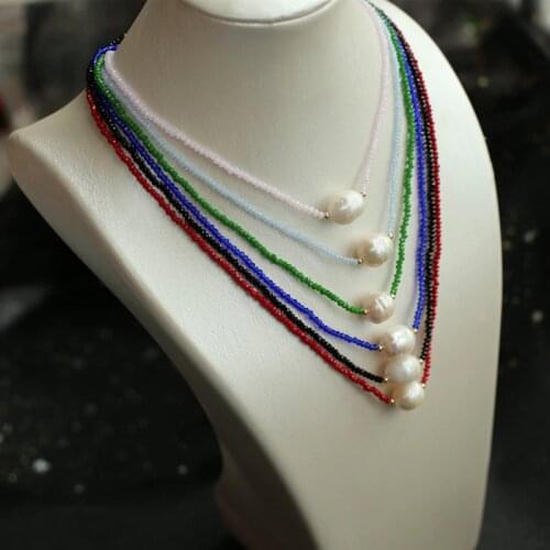 Cheap nice quality jewelry single natural white genuine pearl multi color tiny crystal simple chain necklace gift real pearl