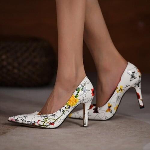 2021 Autumn New Style Cross-border Large Size Womens High Heels Stiletto Pointed Toe Hand-painted Sexy Shoes
