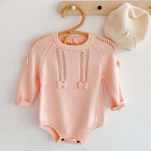New Infant Baby Girls Bowknot Knit Rompers Clothing Autumn Winter Kids Girl Long Sleeve Rompers Clothes