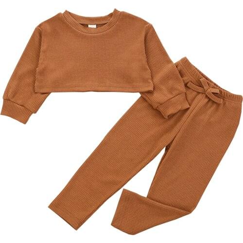 New Children Solid Color Clothes Set, Girls Long Sleeve O-neck Cropped Tops + Elastic Waist Trousers