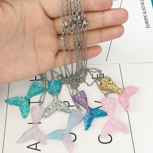 2020 Charm Crystal Mermaid Pendant Necklace Itanium Steel Cross Chain Fishtail Necklace Personality Colorful Women Jewelry Gift