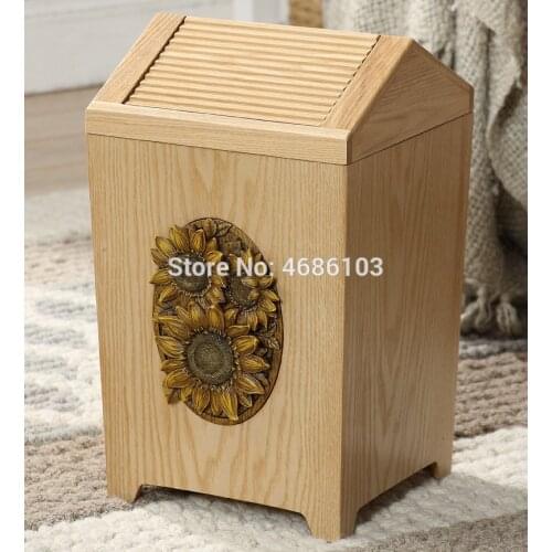 European style Luxury wood Trash Can Rolling Cover Type mini trash can kitchen can bathroom garbage cans in Living Room Bedroom